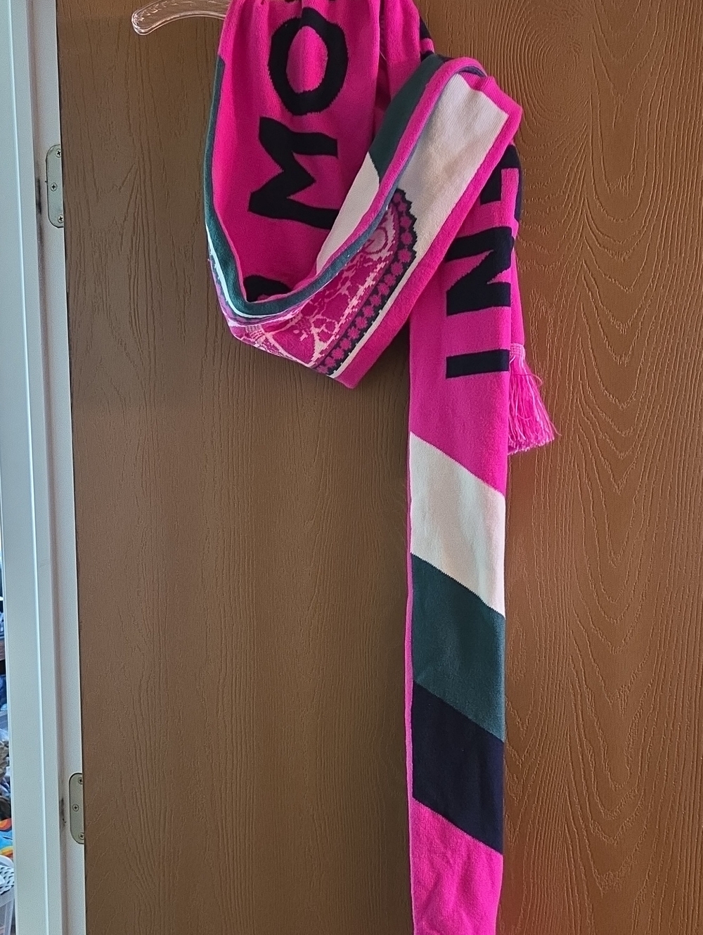 Free People NWT Hot Pink Colorblock Logo Scarf with Black and Cream Accents
